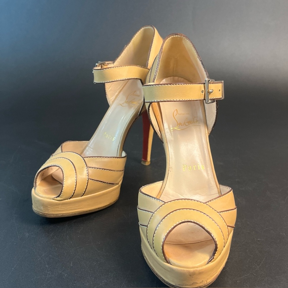Christian Louboutin Yellow Platform Peep-Toe Ankle Strap Heels
